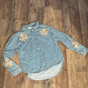 Zara Blue Denim snap Shirt with Yellow embroidered Flowers,